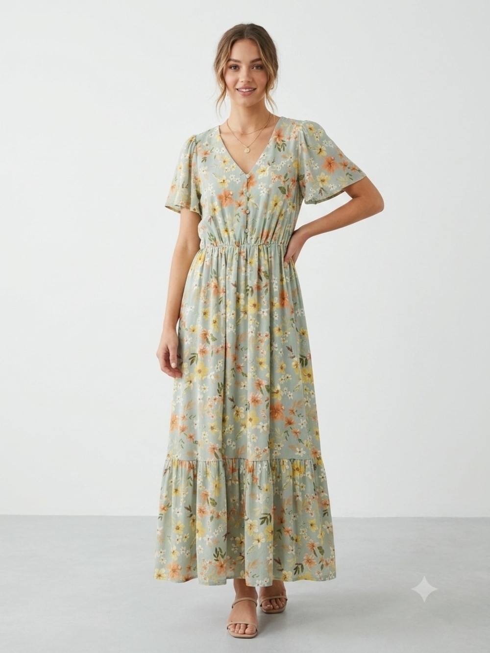 Siren Lily Dress Size S Green  With Cream Short Sleeve Floral Boho Lined Maxi